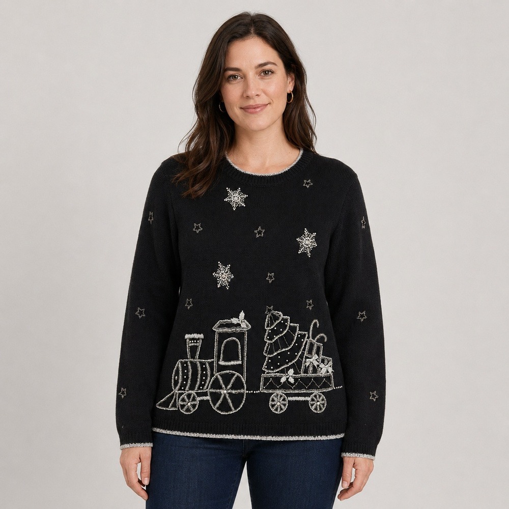 OHI Vintage Christmas Train‎ Sweater Black Beaded Metallic Women's L